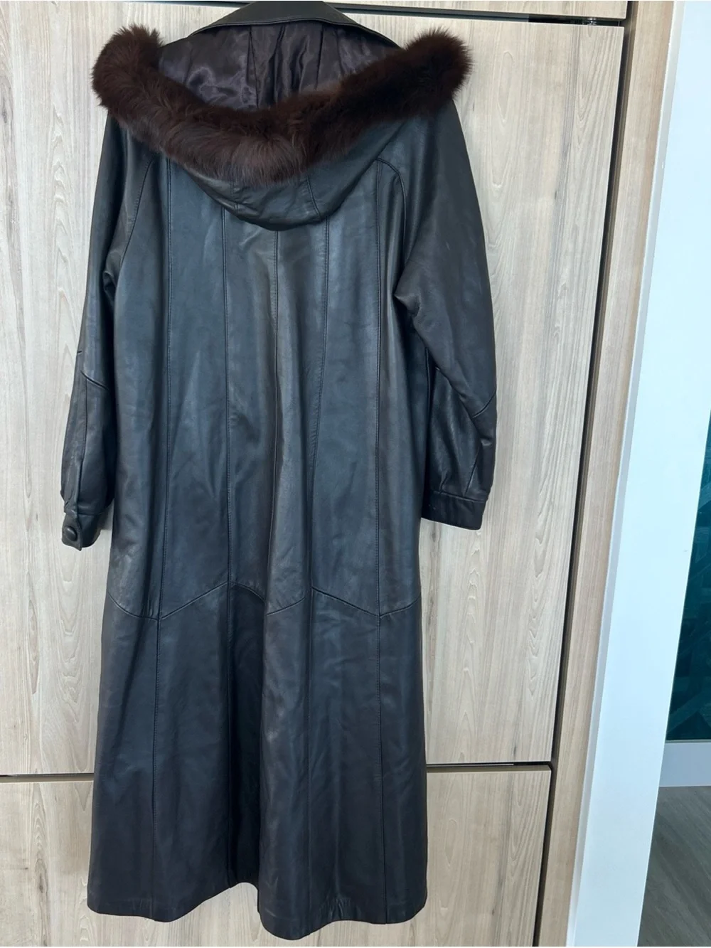 Vintage Leather Coat Womens M Brown Lamb Leather Fur Trim Hood Made Canada Long - Picture 4 of 15